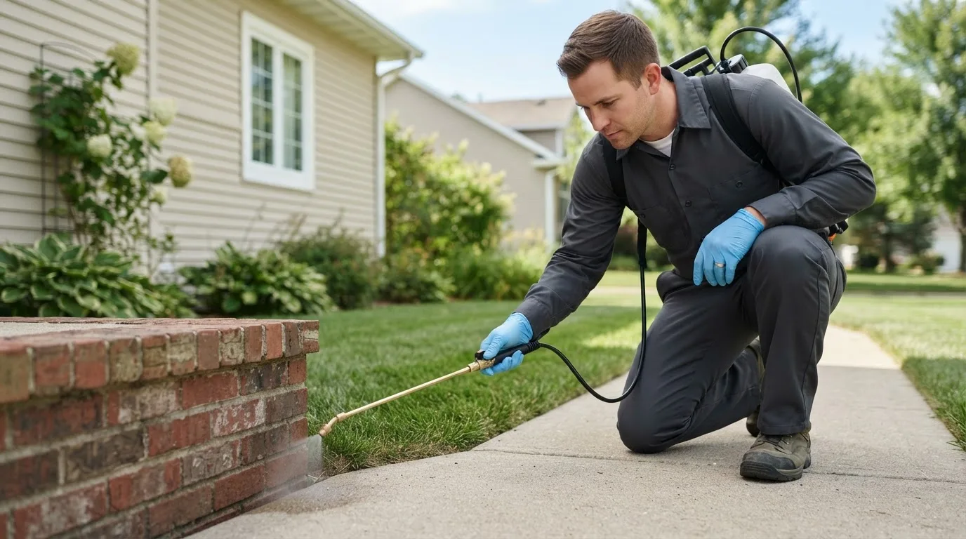 Pest control technician treating a home near East Setauket, NY