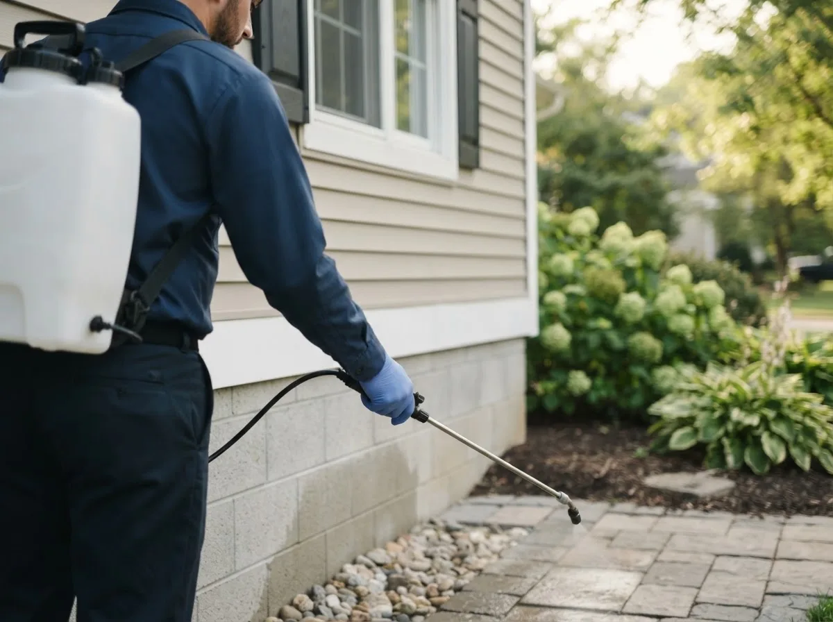 Pest control technician inspecting a home in East Setauket, NY